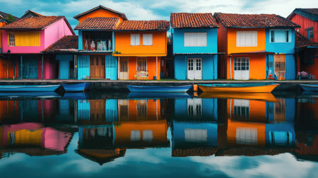 Brightly painted houses in a small fishing village, reflecting on the water's surface in an array of vibrant hues.の素材