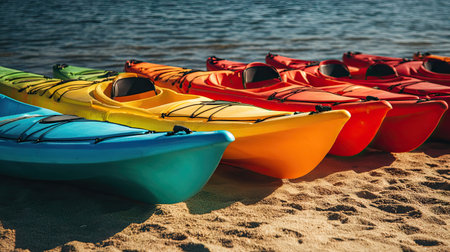 A row of brightly colored kayaks lined up on a sandy beach, each in shades of red, yellow, green, and blue.の素材
