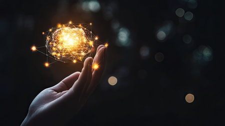 A hand holding a glowing brain icon, representing creativity and innovation, with gears and connections forming around it.の素材