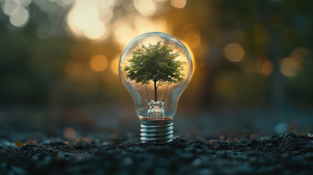 Lightbulb with a tree growing inside, symbolizing the organic growth of new and innovative ideas.の素材