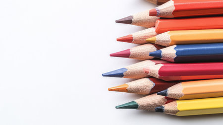Brightly colored pencils arranged in a fan shape on a white background, with each pencil sharpened and ready for use.の素材