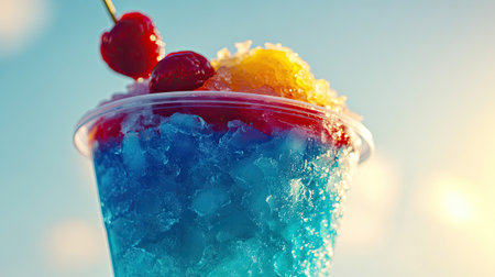 Close-up of vibrant shaved ice with blue raspberry and cherry syrup, melting slightly in the sun, served in a plastic cup.の素材