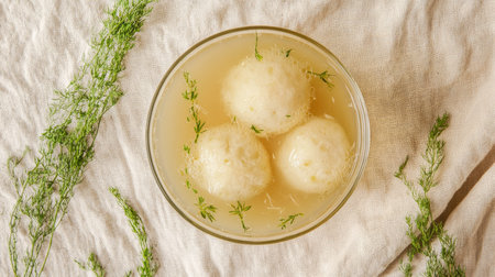 A clear chicken broth with dumplings floating on the surface, viewed from above on a textured linen tablecloth.の素材