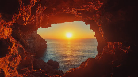 Sunset framed by the rugged rock walls of a cave, casting long shadows and filling the scene with warm colors.の素材