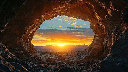 Soft, warm sunset light seen through a caves rocky opening, with golden colors spreading across the sky.の素材