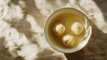 A clear chicken broth with dumplings floating on the surface, viewed from above on a textured linen tablecloth.の素材