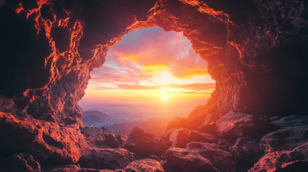 Soft pink and orange sunset light streaming through the jagged rock hole of a cave, creating a peaceful natural frame.の素材