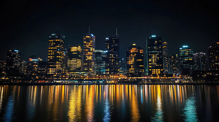 A city skyline at night with buildings glowing yellow against the dark sky, their lights reflecting off the nearby river.の素材