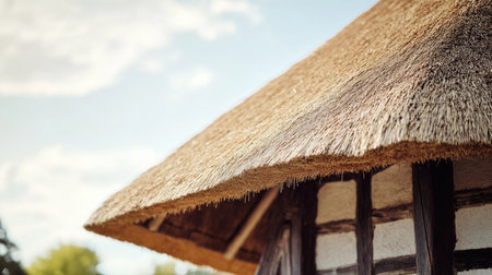 A close-up of a traditional thatched roof cottage, with textured straw roof patterns and natural wood beams, under a soft summer sky.の素材
