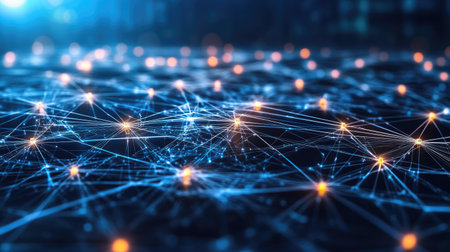 A concept image of a digital network grid with interconnected nodes representing cloud computing and global connectivity.の素材