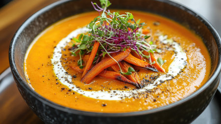 A bowl of carrot ginger soup, vibrant in color, topped with a swirl of yogurt and garnished with roasted carrots and microgreens.の素材