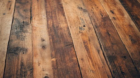 A close-up of reclaimed wood flooring, with nail holes and scratches adding rustic character to the smooth, worn surface.の素材