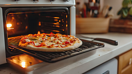 A compact toaster oven baking a small pizza, with the timer set and a spatula ready on the counter beside it.の素材