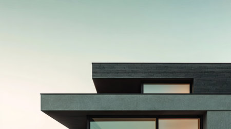 A contemporary house fragment with a gently sloped roof, showing sleek black tiles and minimalist design under a soft pastel sky.の素材