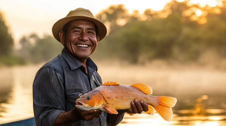 Smiling fisherman holding a freshly caught fish, standing by the water at sunrise, mist adding a serene, natural feel to the background.の素材