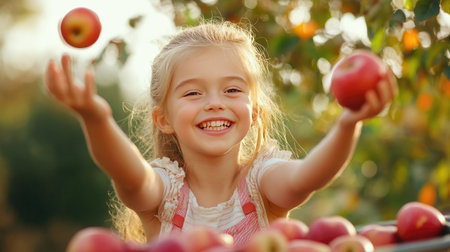 Young girl tossing apple core into a bin, her hand in motion as food waste disposal represents sustainability efforts.の素材