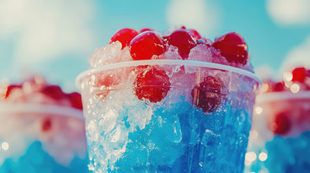 Close-up of vibrant shaved ice with blue raspberry and cherry syrup, melting slightly in the sun, served in a plastic cup.の素材