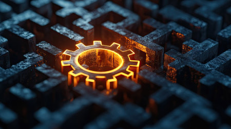 A glowing gear emerging from a complex maze, symbolizing the discovery of a new, innovative solution to a tough problem.の素材
