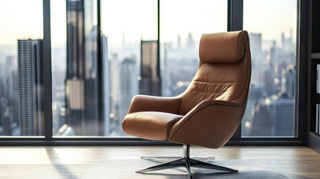 A contemporary recliner chair in a sleek apartment, with a city skyline visible through the window in the background.の素材