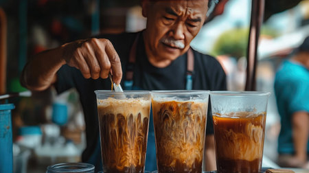 Thai street vendor scooping ice-cold, refreshing Thai iced coffee into cups, ready to serve with a layer of condensed milk on top.の素材