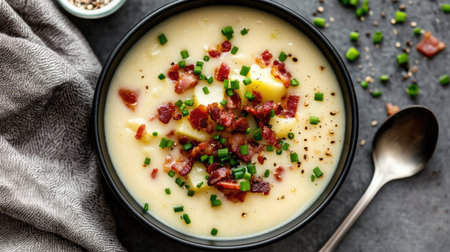 A creamy leek and potato soup topped with crispy bacon and fresh chives, viewed from above, with a spoon and napkin beside it.の素材