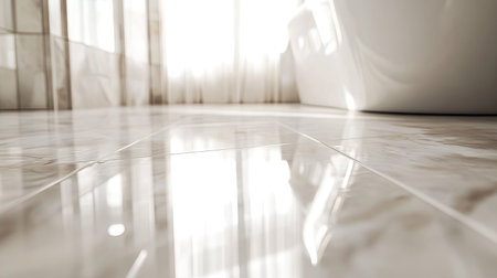 A detailed shot of polished marble flooring, with light reflecting off the smooth, glossy surface in a luxurious bathroom setting.の素材