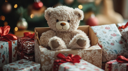 A cute, tiny teddy bear sitting inside a decorative gift box, surrounded by wrapping paper and bows.の素材