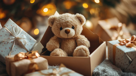 A cute, tiny teddy bear sitting inside a decorative gift box, surrounded by wrapping paper and bows.の素材