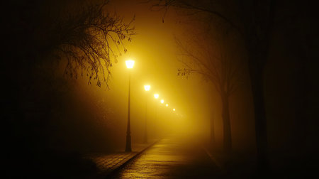 A foggy street at night illuminated by soft yellow streetlights, casting an eerie glow through the mist.の素材