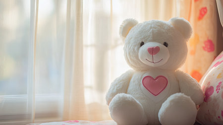 A cute white teddy bear with a pink heart embroidered on its belly, sitting in front of a window with soft curtains.の素材