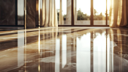 A detailed shot of polished marble flooring, with light reflecting off the smooth, glossy surface in a luxurious bathroom setting.の素材