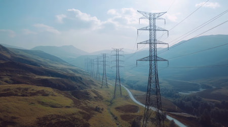 A drone's aerial view of multiple high voltage towers crossing a valley, showing the vast network of power infrastructure.の素材
