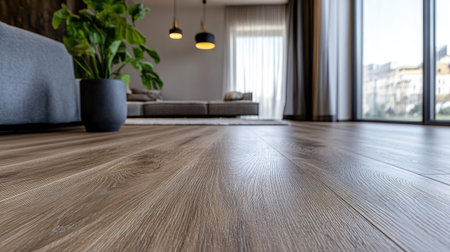 A detailed view of luxury vinyl planks, showing the realistic wood pattern and subtle embossing in a modern apartment.の素材
