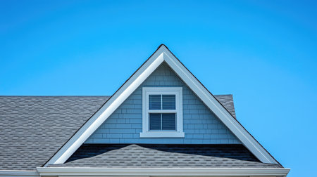 A fragment of a suburban house with a gable roof, featuring neatly arranged shingles and a small ventilation window, under a bright summer sky.の素材