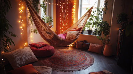 A hammock chair suspended from the ceiling in a bohemian-style room, filled with soft cushions and fairy lights.の素材