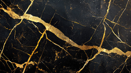 A luxurious black and gold marble texture, featuring bold golden streaks across the dark surface, exuding timeless elegance and grandeur.の素材