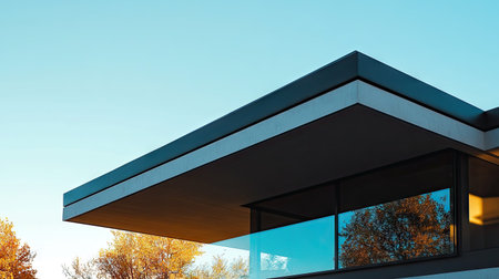 A modern house fragment featuring a cantilevered roof and clean, sharp lines, with the sky reflected in large glass windows below.の素材