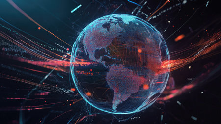 A holographic globe surrounded by data streams, symbolizing global digital networks and cloud computing.の素材