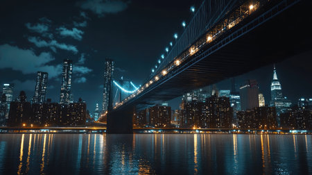 A modern bridge lit by elegant LED lights at night, with a dramatic view of the city skyline glowing in the background.の素材