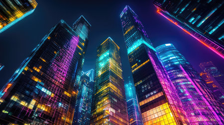 A modern skyscraper skyline illuminated at night, with colorful lights reflecting in the glass facades of the tall buildings.の素材