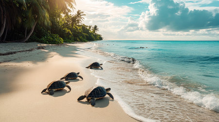 A tropical beach with sea turtles crawling out of the ocean and making their way across the sand.の素材