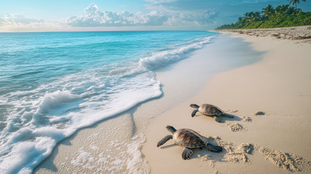 A tropical beach with sea turtles crawling out of the ocean and making their way across the sand.の素材