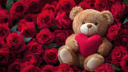 A teddy bear holding a red heart plush, placed on a bed of roses, perfect for a Valentine's Day themed setting.の素材