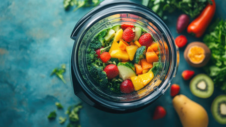 A top-down view of a high-tech blender in action, blending fresh fruits and vegetables into a vibrant smoothie.の素材