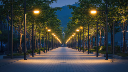 A row of modern streetlights casting a soft glow on a pedestrian walkway lined with trees during twilight.の素材