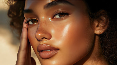 A young woman with a clear, radiant complexion softly touching her face, highlighting her healthy skin in warm, natural lighting.の素材