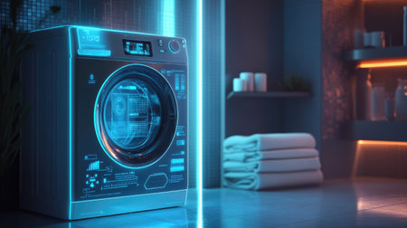 A smart washing machine with a digital interface, running a load of laundry with neatly stacked towels in the background.の素材