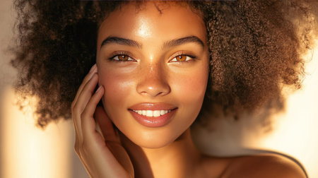 A woman with a fresh, healthy glow touching her smooth skin with a gentle smile, under soft lighting that enhances her natural beauty.の素材