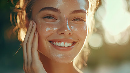 A smiling woman with clear, healthy skin softly touching her face, highlighting a radiant, dewy complexion under natural sunlight.の素材