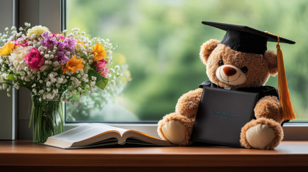 A teddy bear wearing a graduation cap and holding a diploma, sitting on a desk next to an open book and a bouquet of flowers.の素材